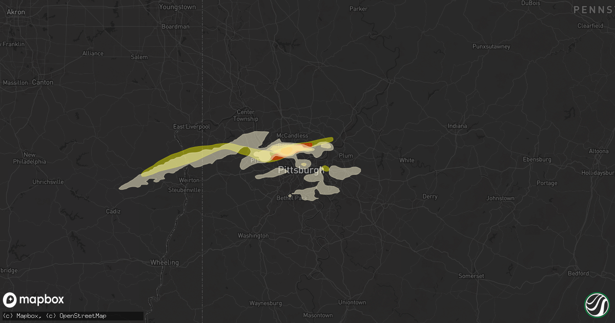 Hail map in Pittsburgh, PA on April 2, 2025