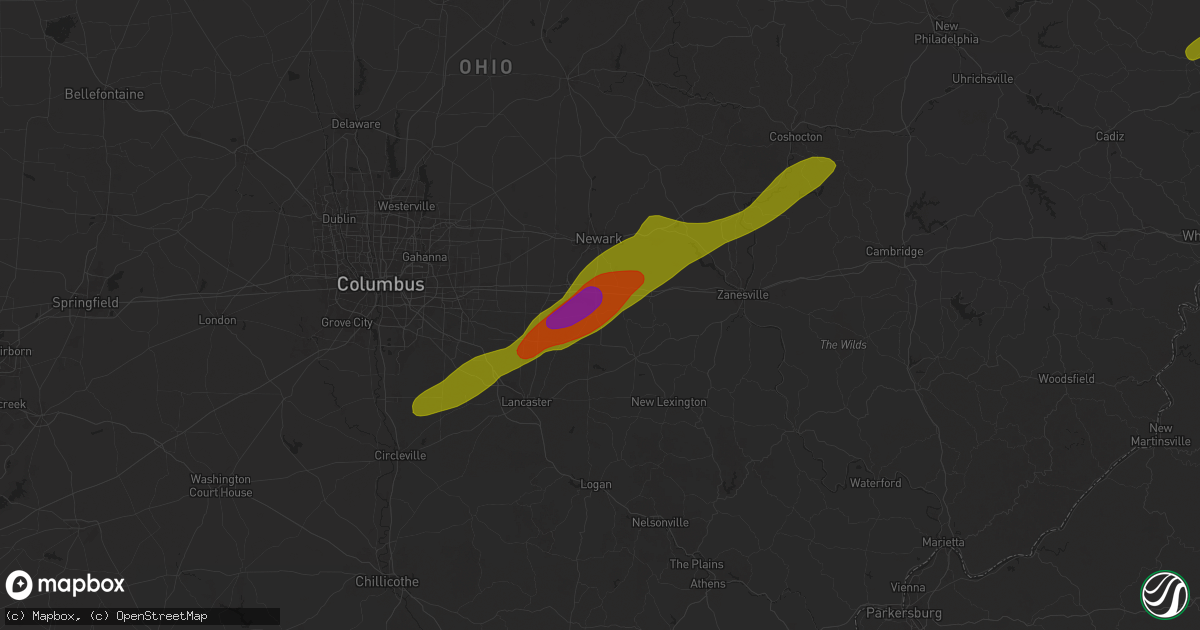 Hail map in Thornville, OH on April 2, 2025