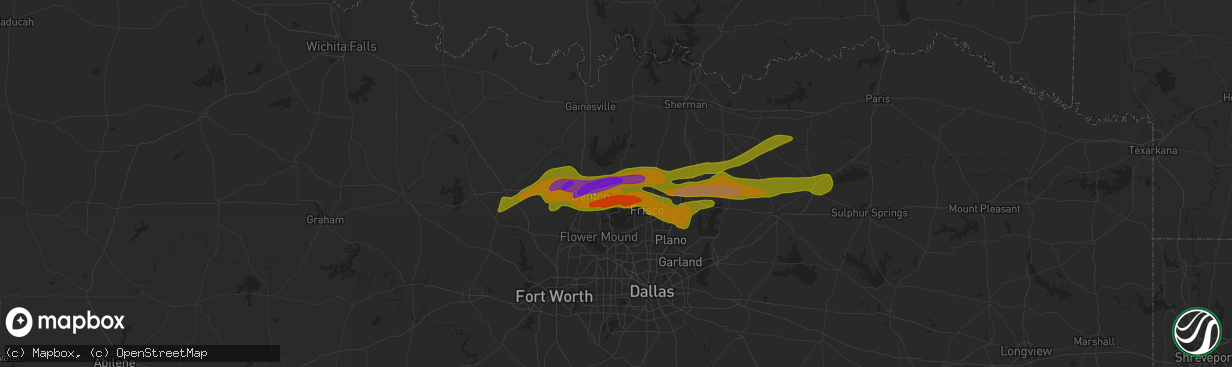 Hail map in Aubrey, TX on April 3, 2014