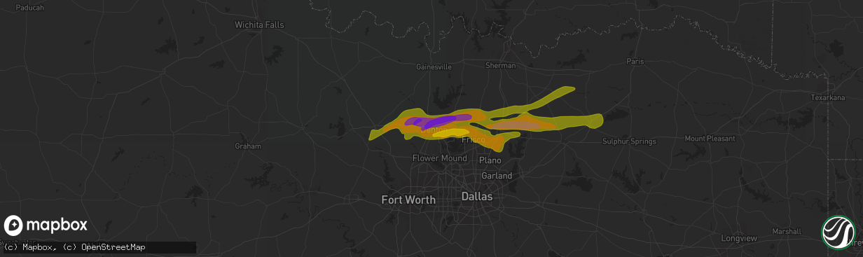 Hail map in Denton, TX on April 3, 2014