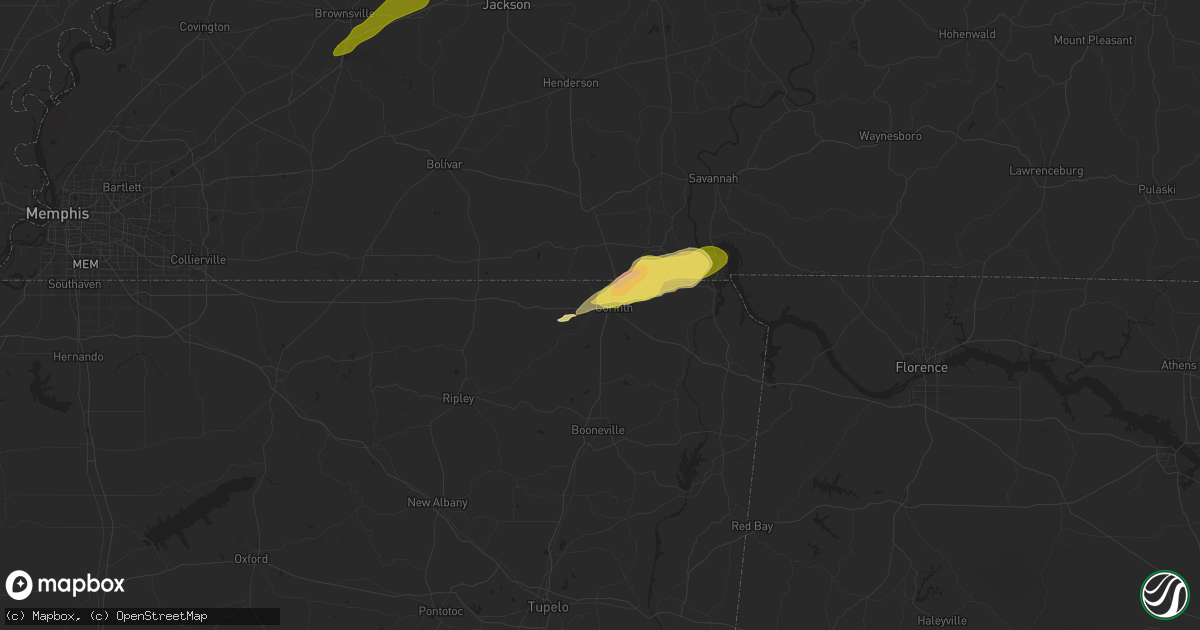 Hail map in Corinth, MS on April 3, 2025
