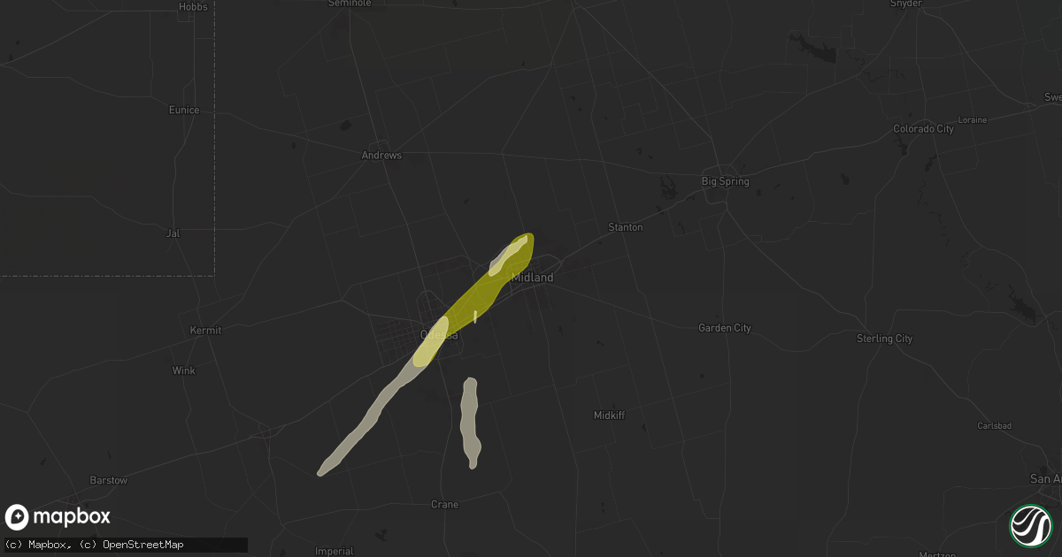 Hail map in Midland, TX on April 3, 2025
