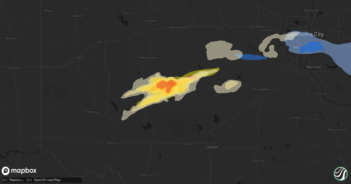 Hail map in Mountain View, OK on April 3, 2026