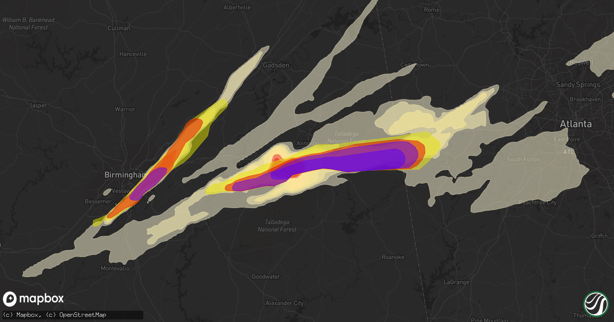 Hail map in Oxford, AL on April 5, 2017