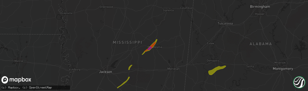 Hail map in Philadelphia, MS on April 6, 2014