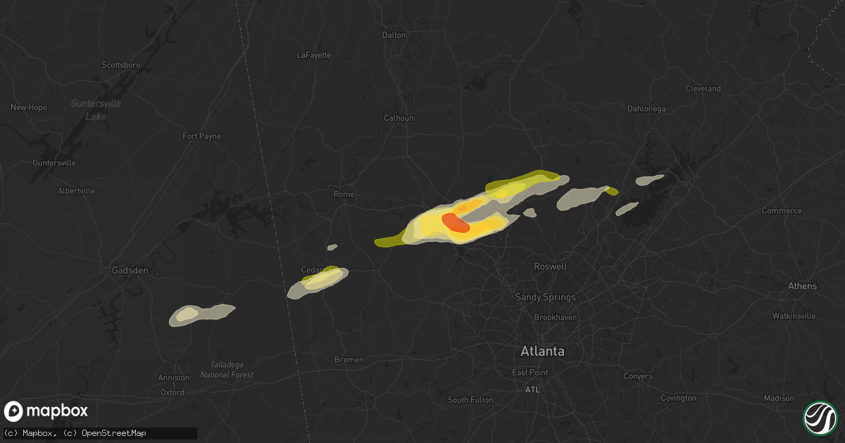 Hail map in Cartersville, GA on April 6, 2016