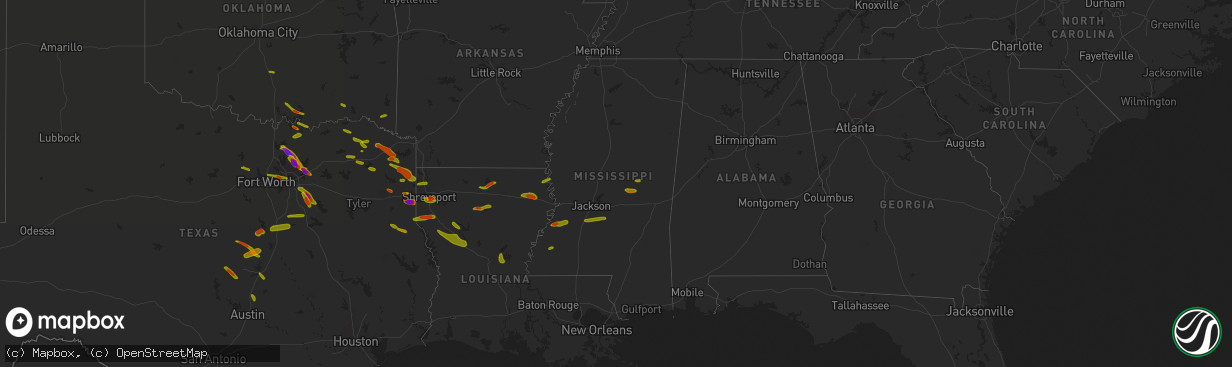 Hail map in Mississippi on April 6, 2018