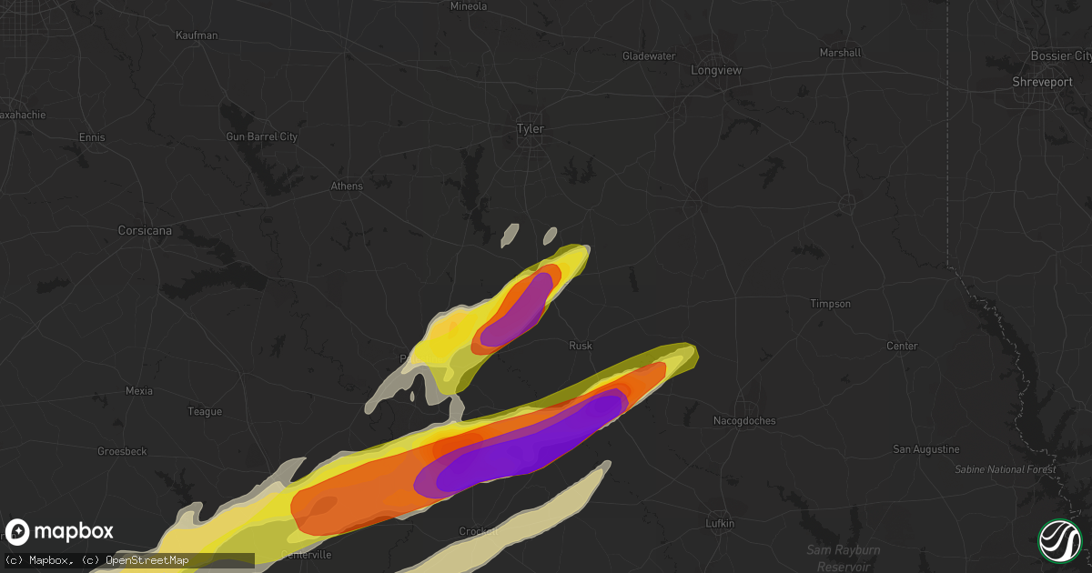 Hail map in Jacksonville, TX on April 6, 2019