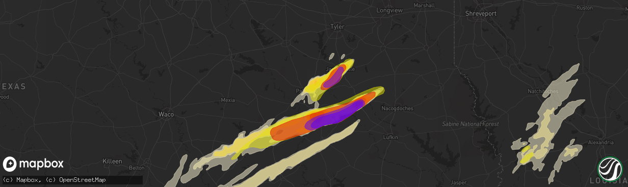 Hail map in Palestine, TX on April 6, 2019