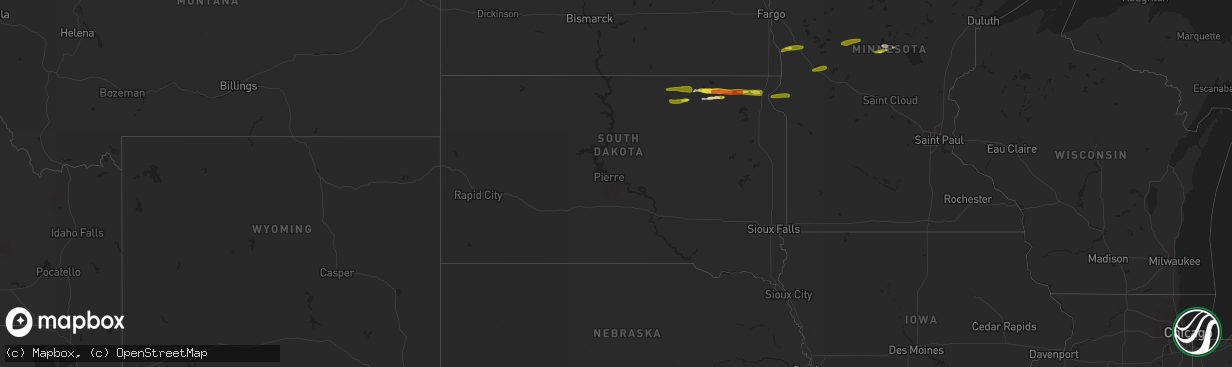 Hail map in South Dakota on April 6, 2020