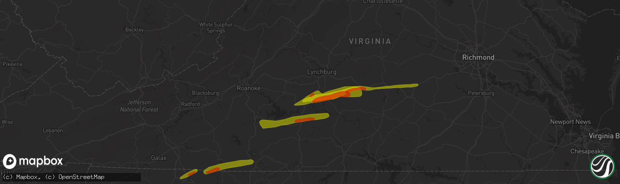 Hail map in Evington, VA on April 6, 2023