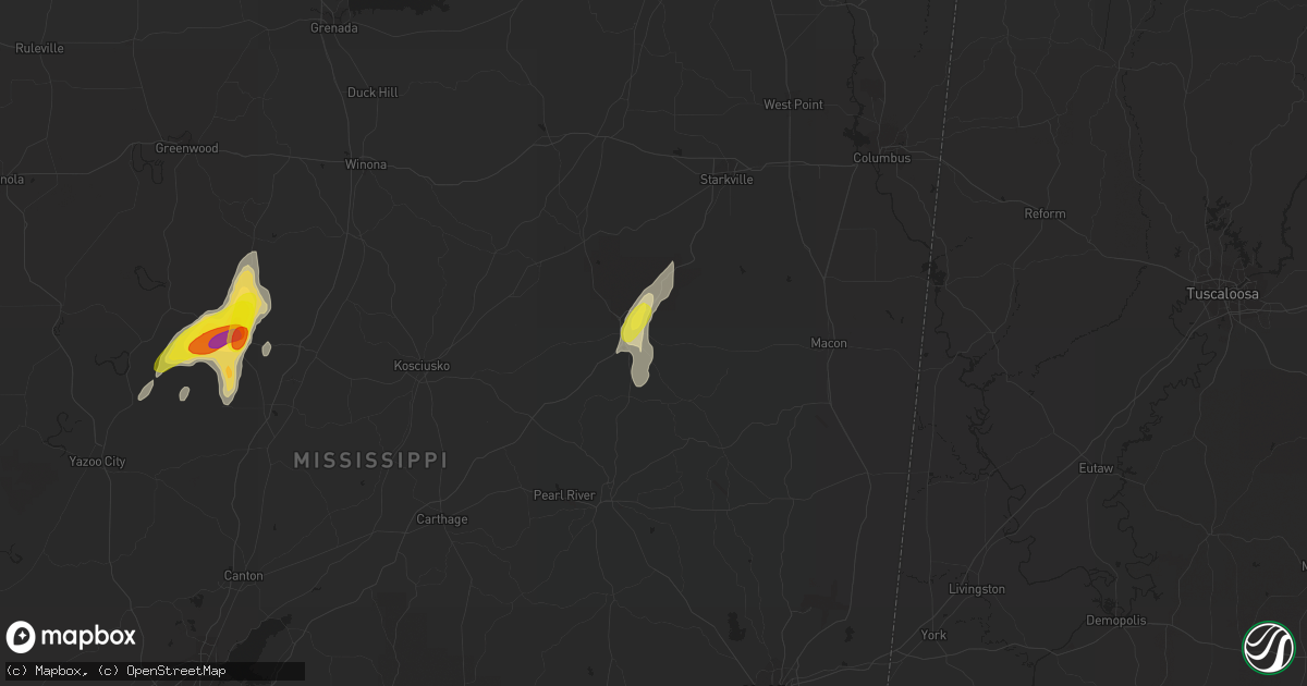 Hail map in Louisville, MS on April 7, 2019
