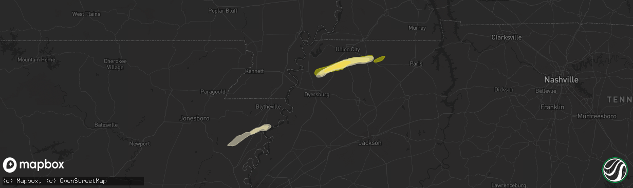 Hail map in Dyersburg, TN on April 7, 2024