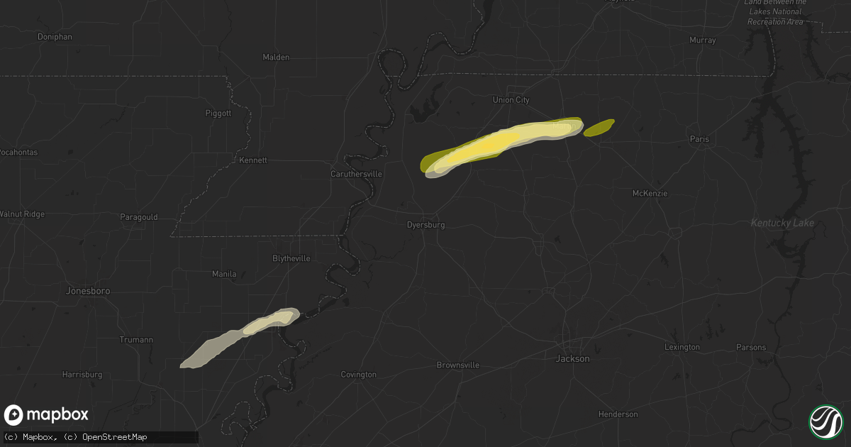 Hail map in Dyersburg, TN on April 7, 2024