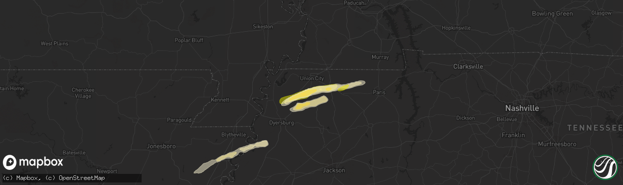 Hail map in Rives, TN on April 7, 2024
