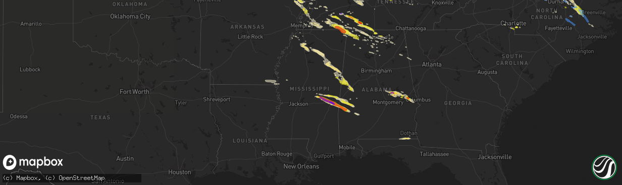 Hail map in Mississippi on April 8, 2020