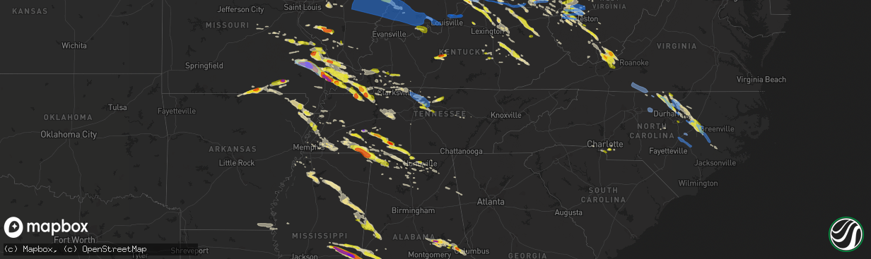 Hail map in Tennessee on April 8, 2020