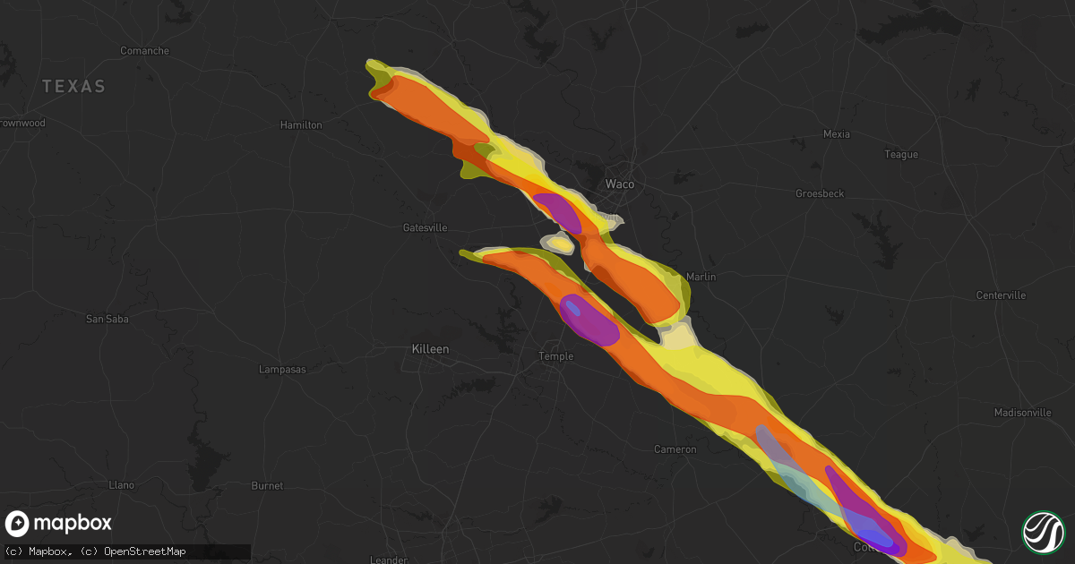Hail map in Moody, TX on April 8, 2021
