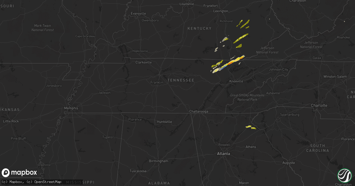 Hail map in Tennessee on April 8, 2021