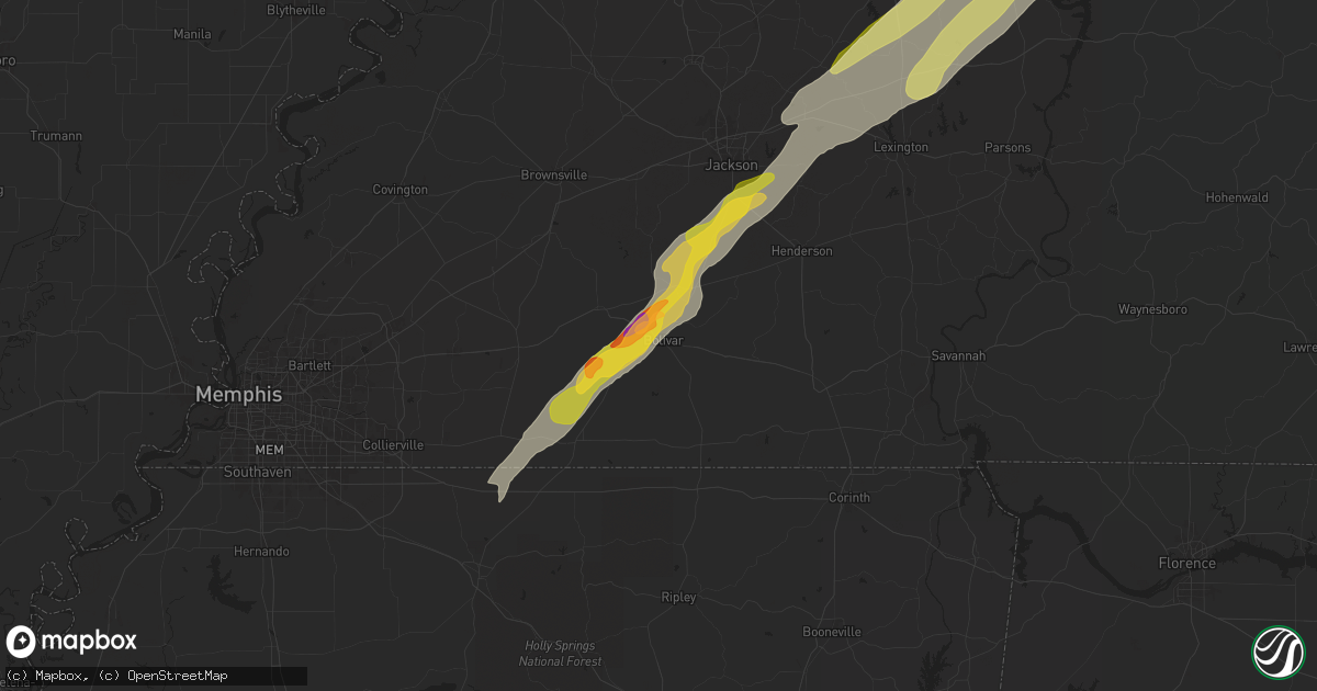 Hail map in Bolivar, TN on April 8, 2024