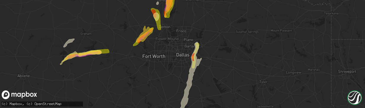 Hail map in Dallas, TX on April 8, 2024