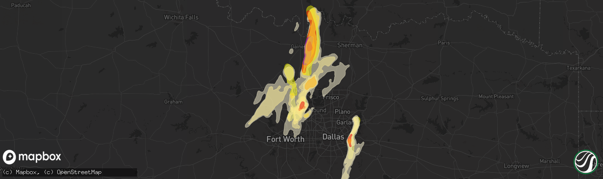 Hail map in Denton, TX on April 8, 2024