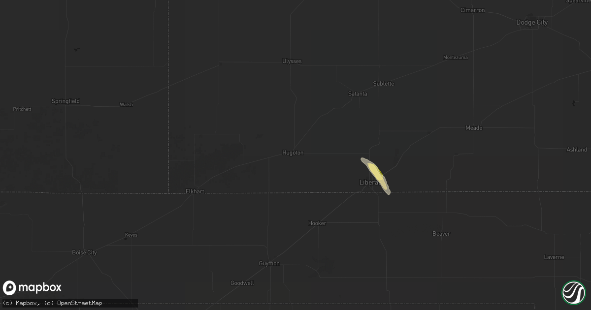 Hail map in Hugoton, KS on April 8, 2026