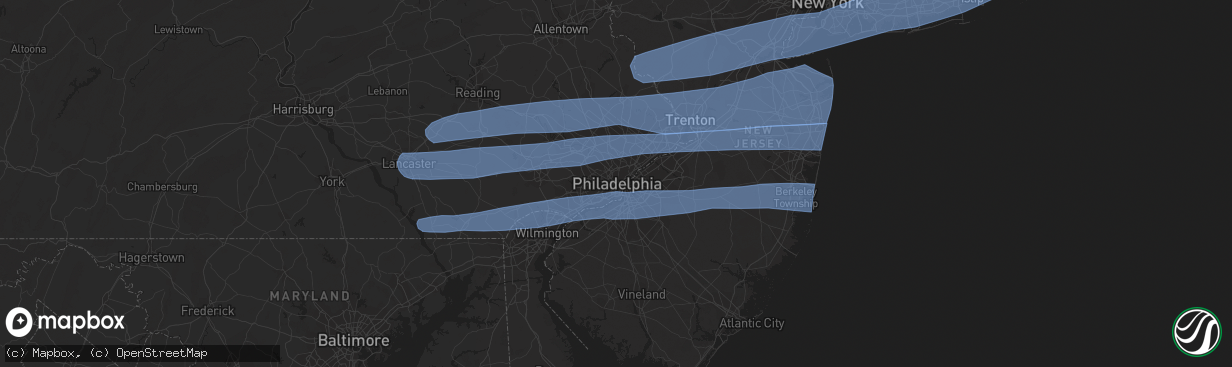 Hail map in Philadelphia, PA on April 9, 2020