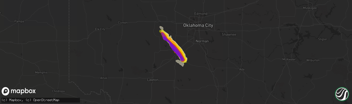 Hail map in Chickasha, OK on April 9, 2021