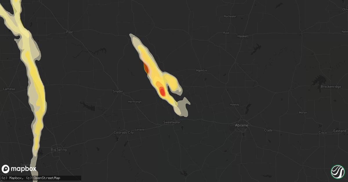 Hail map in Roby, TX on April 9, 2023