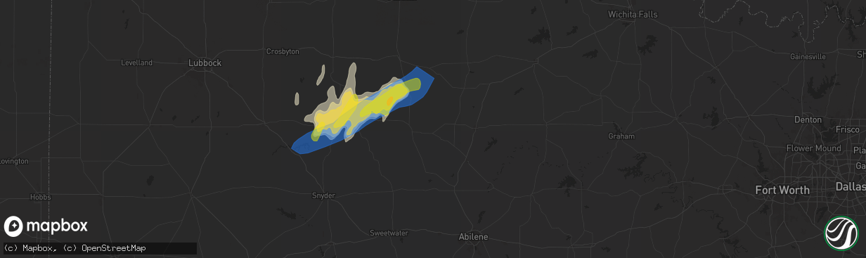 Hail map in Old Glory, TX on April 9, 2024