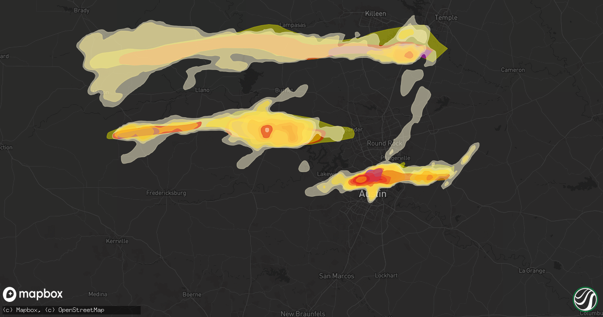 Hail map in Spicewood, TX on April 9, 2024