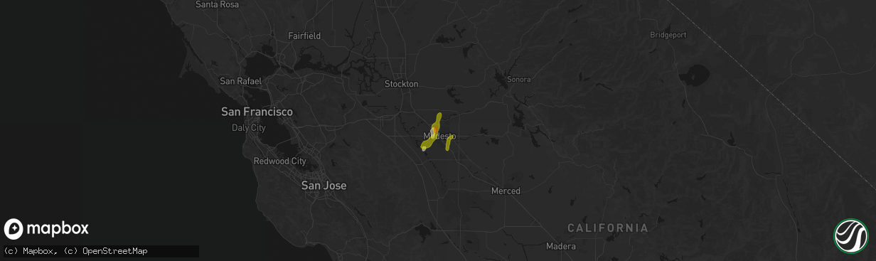 Hail map in Modesto, CA on April 9, 2026