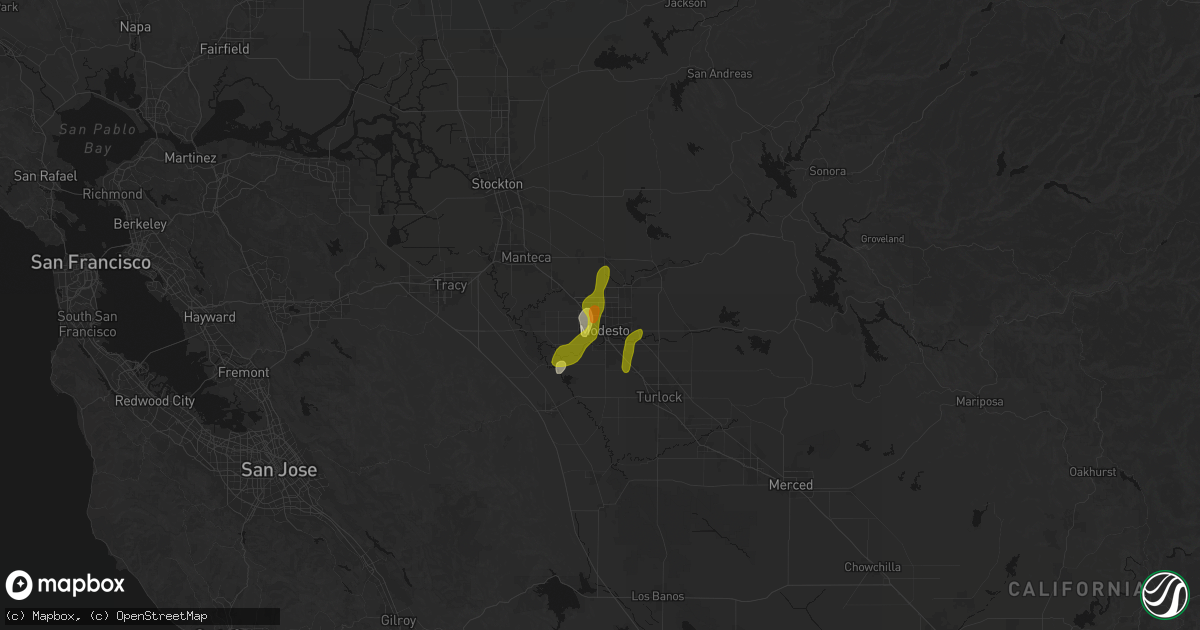 Hail map in Modesto, CA on April 9, 2026