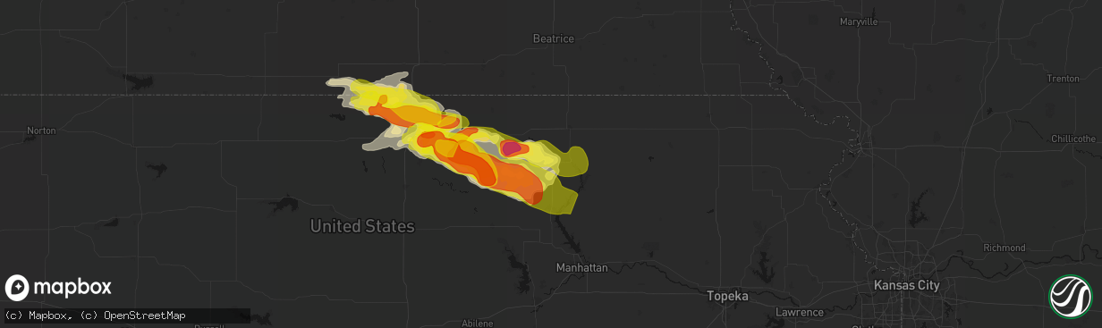 Hail map in Waterville, KS on April 9, 2026