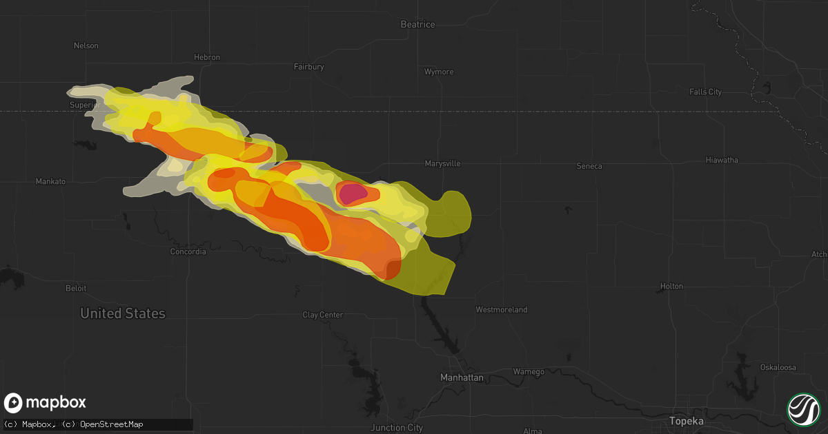 Hail map in Waterville, KS on April 9, 2026