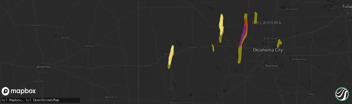 Hail map in Canute, OK on April 10, 2023