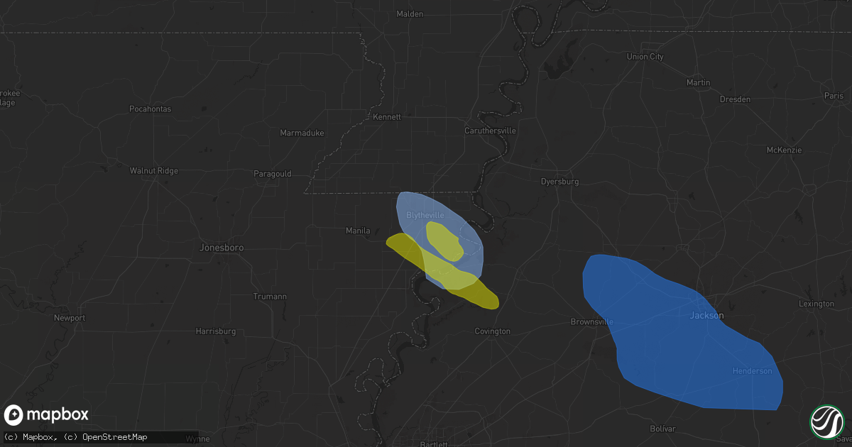 Hail map in Blytheville, AR on April 10, 2025
