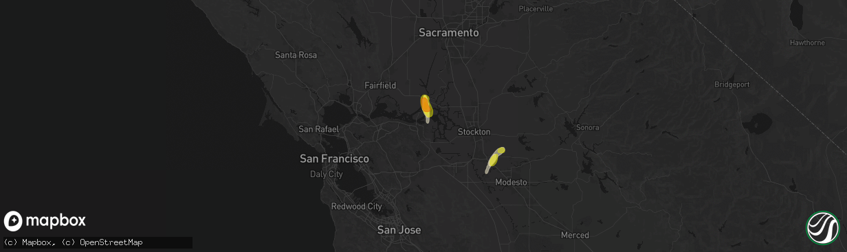 Hail map in Oakley, CA on April 10, 2026