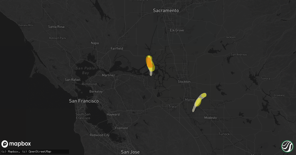 Hail map in Oakley, CA on April 10, 2026