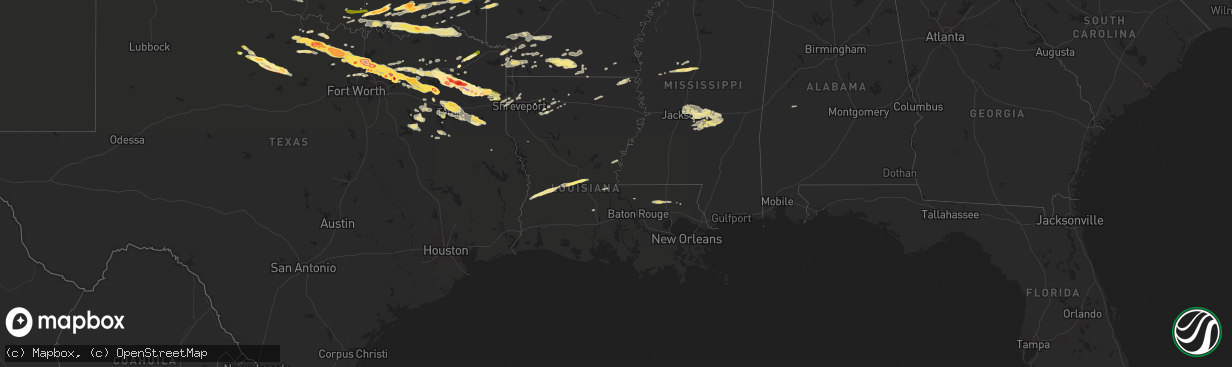 Hail map in Louisiana on April 11, 2016