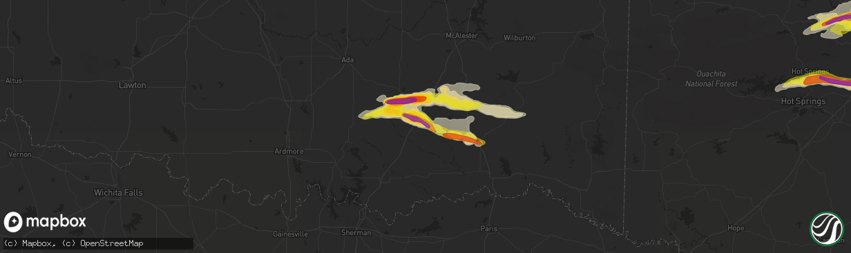 Hail map in Atoka, OK on April 11, 2022