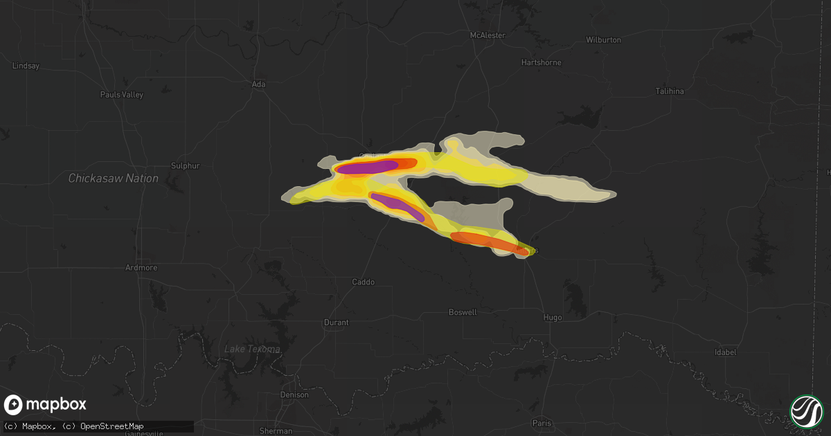 Hail map in Atoka, OK on April 11, 2022