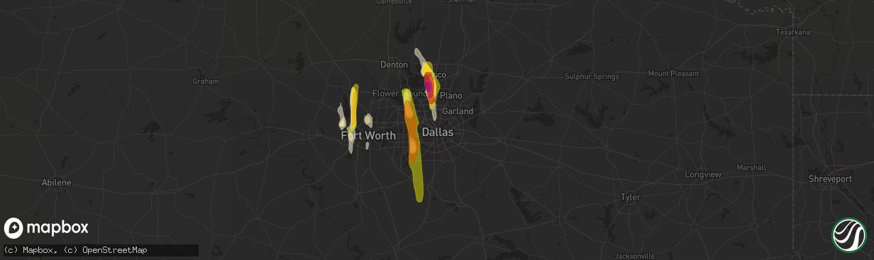 Hail map in Dallas, TX on April 13, 2019