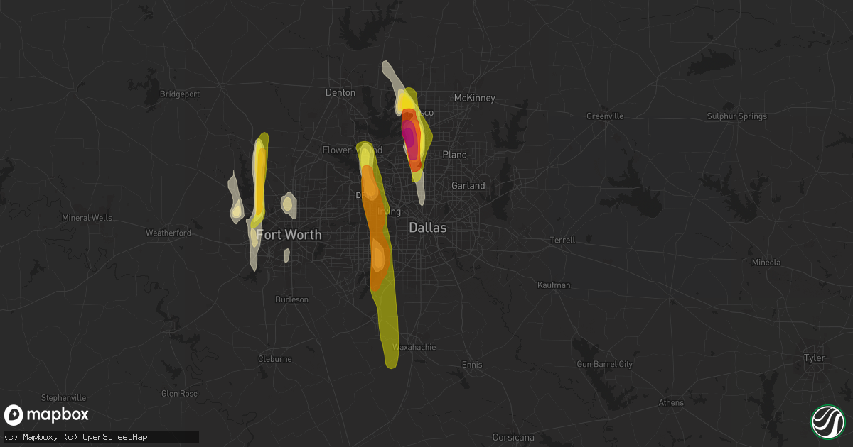 Hail map in Dallas, TX on April 13, 2019