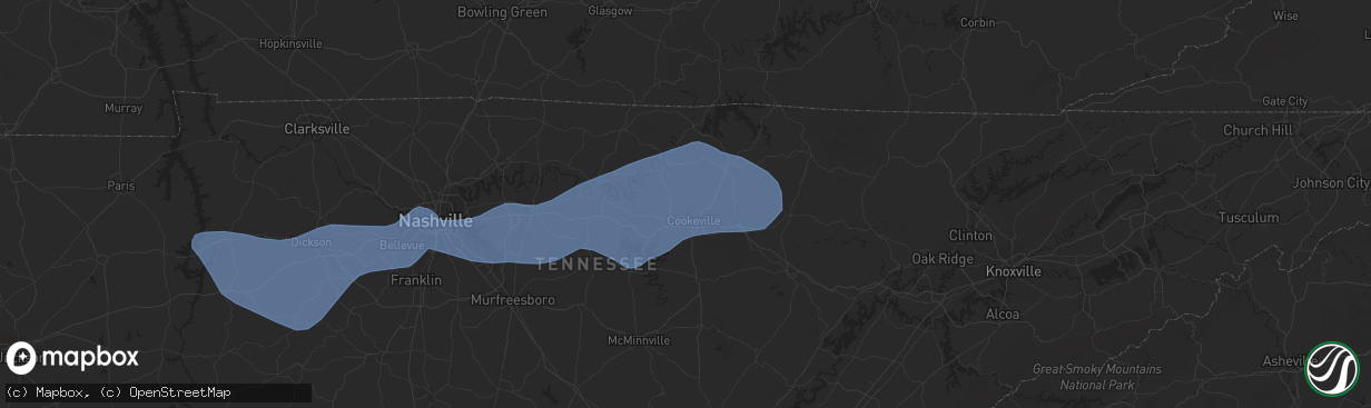 Hail map in Cookeville, TN on April 13, 2022