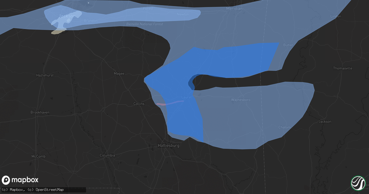 Hail map in Laurel, MS on April 13, 2022