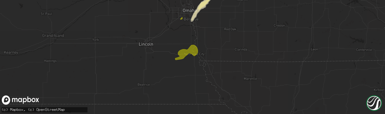 Hail map in Nebraska City, NE on April 14, 2023