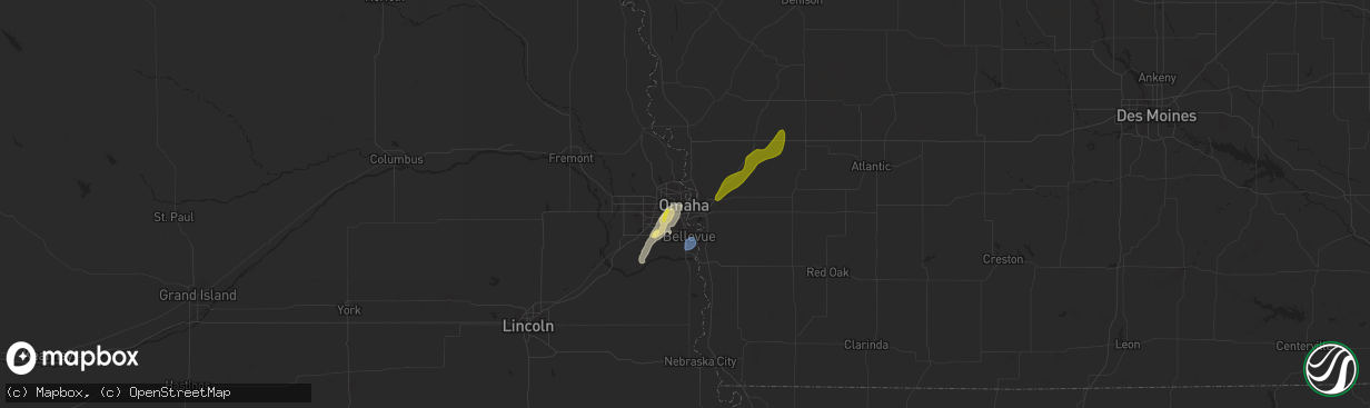 Hail map in Omaha, NE on April 14, 2023