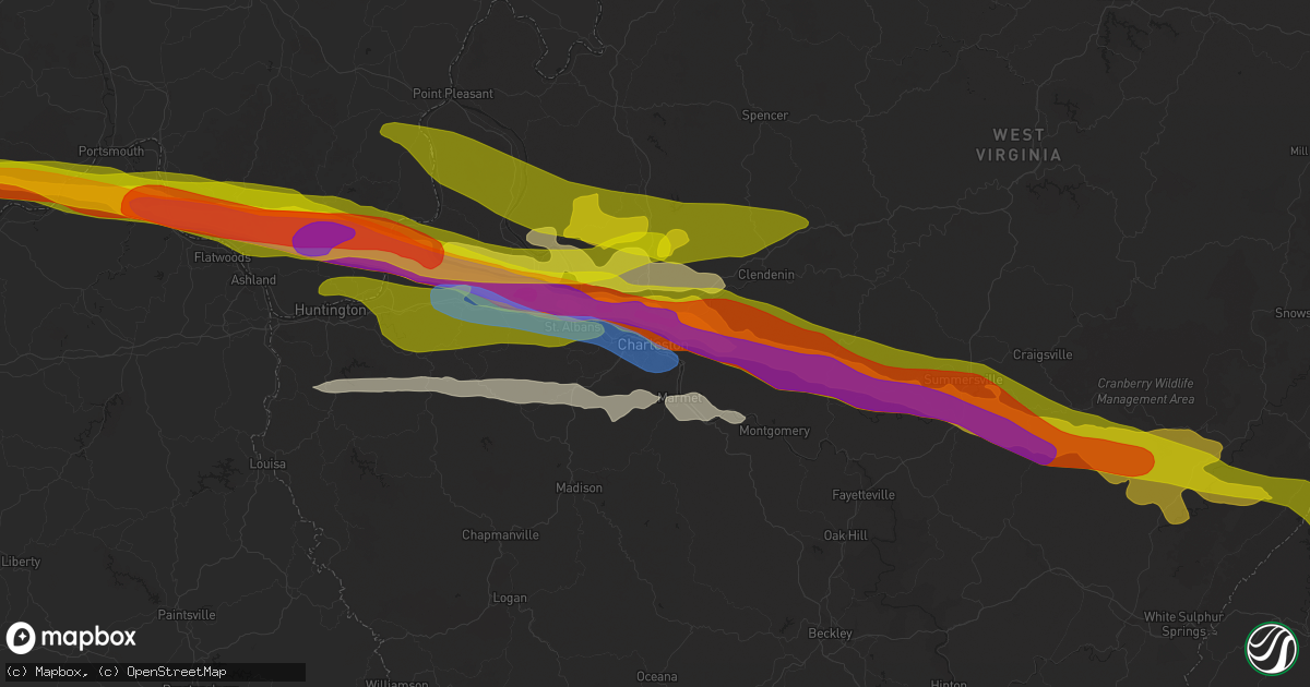 Hail map in Charleston, WV on April 14, 2025
